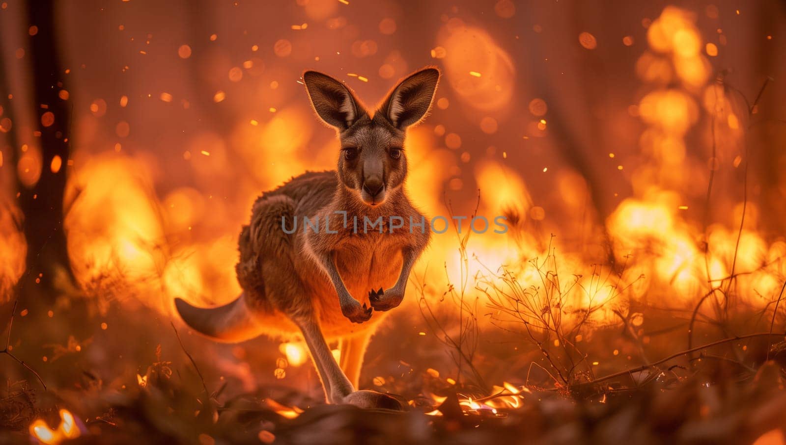 A horse is galloping in front of a blazing fire, showcasing the intense heat and flame of the geological phenomenon. The atmospheric phenomenon adds to the dramatic landscape of the event