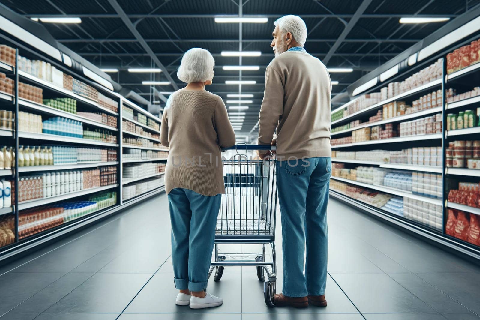 elderly couple with an empty shopping cart choosing groceries in the supermarket by Annado