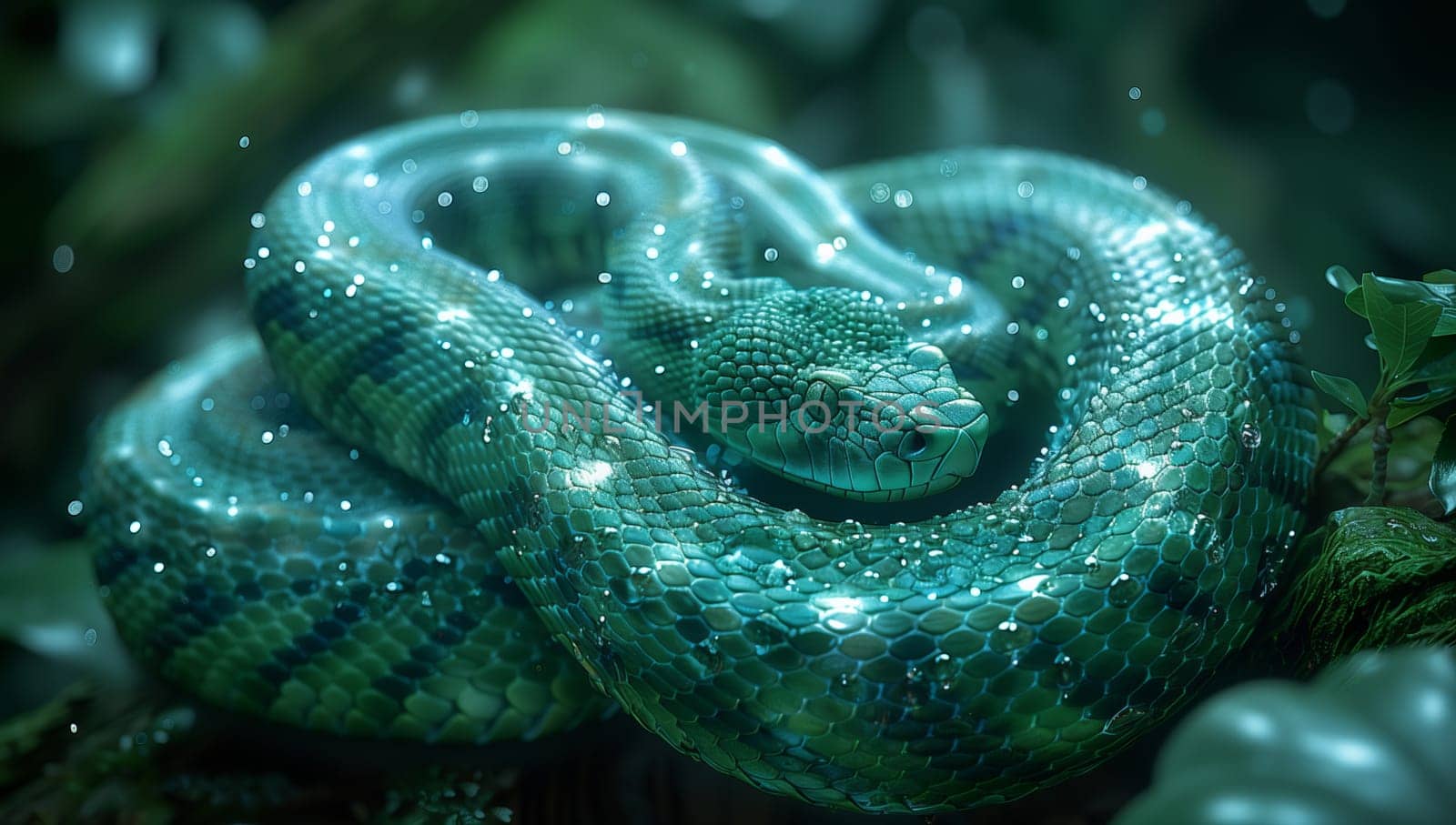 The electric blue scaled reptile, a green snake, is gracefully curled up on a tree branch, showcasing its fluid movements as a terrestrial animal