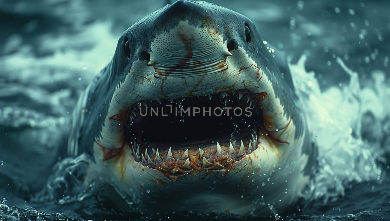 A Lamniformes shark gracefully swims through the water, showcasing its fangs as it glides with its mouth open, a beautiful sight in marine biology