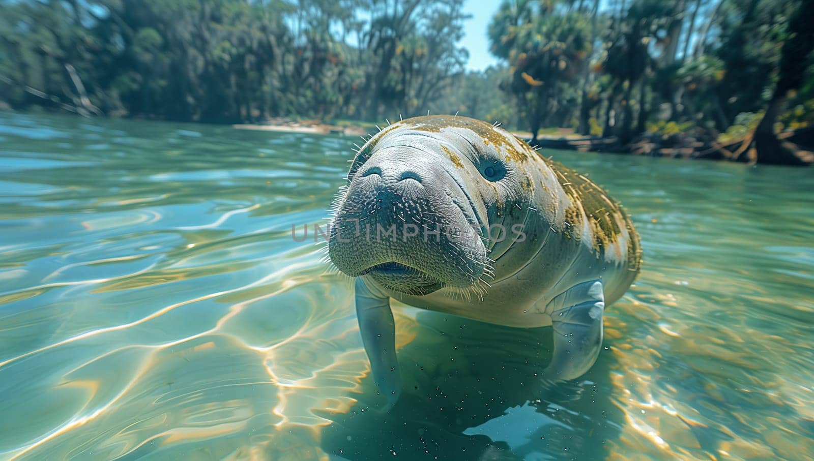 A manatee is gracefully swimming underwater, gazing at the camera by richwolf
