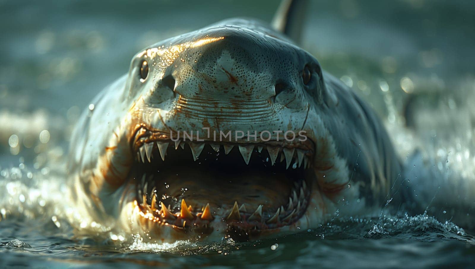 A shark with its jaws open is swimming in the liquid environment, showcasing its fangs and teeth. This behavior is commonly observed in marine biology studies