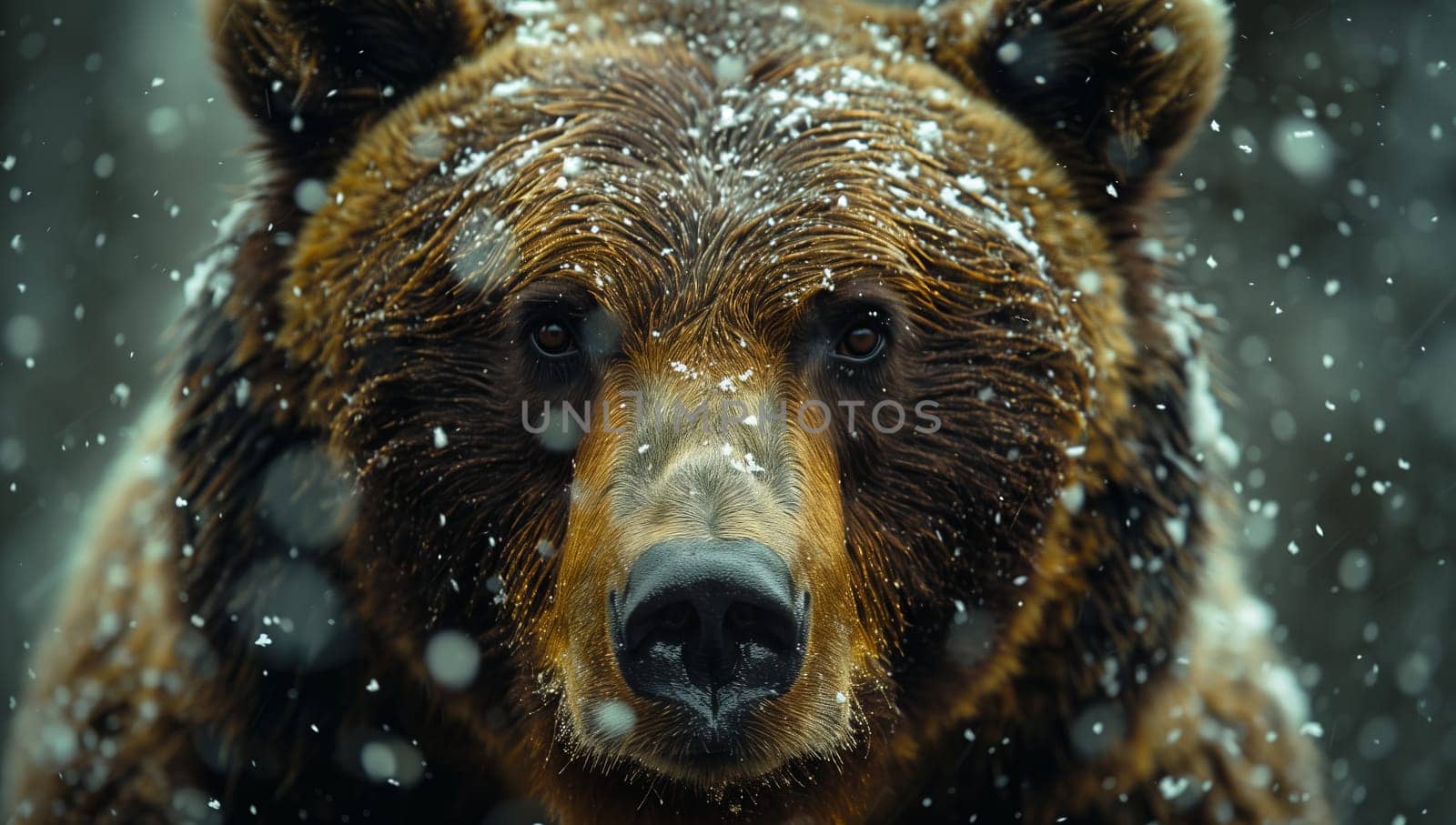 A carnivorous brown bear, a terrestrial animal, stands in the snow with its head turned towards the camera. Its fur and whiskers create a distinctive pattern against the white background