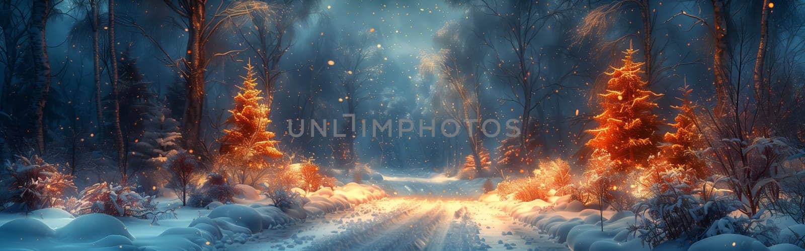 A festive atmosphere with snowy forest, Christmas trees, and electric blue sky by richwolf