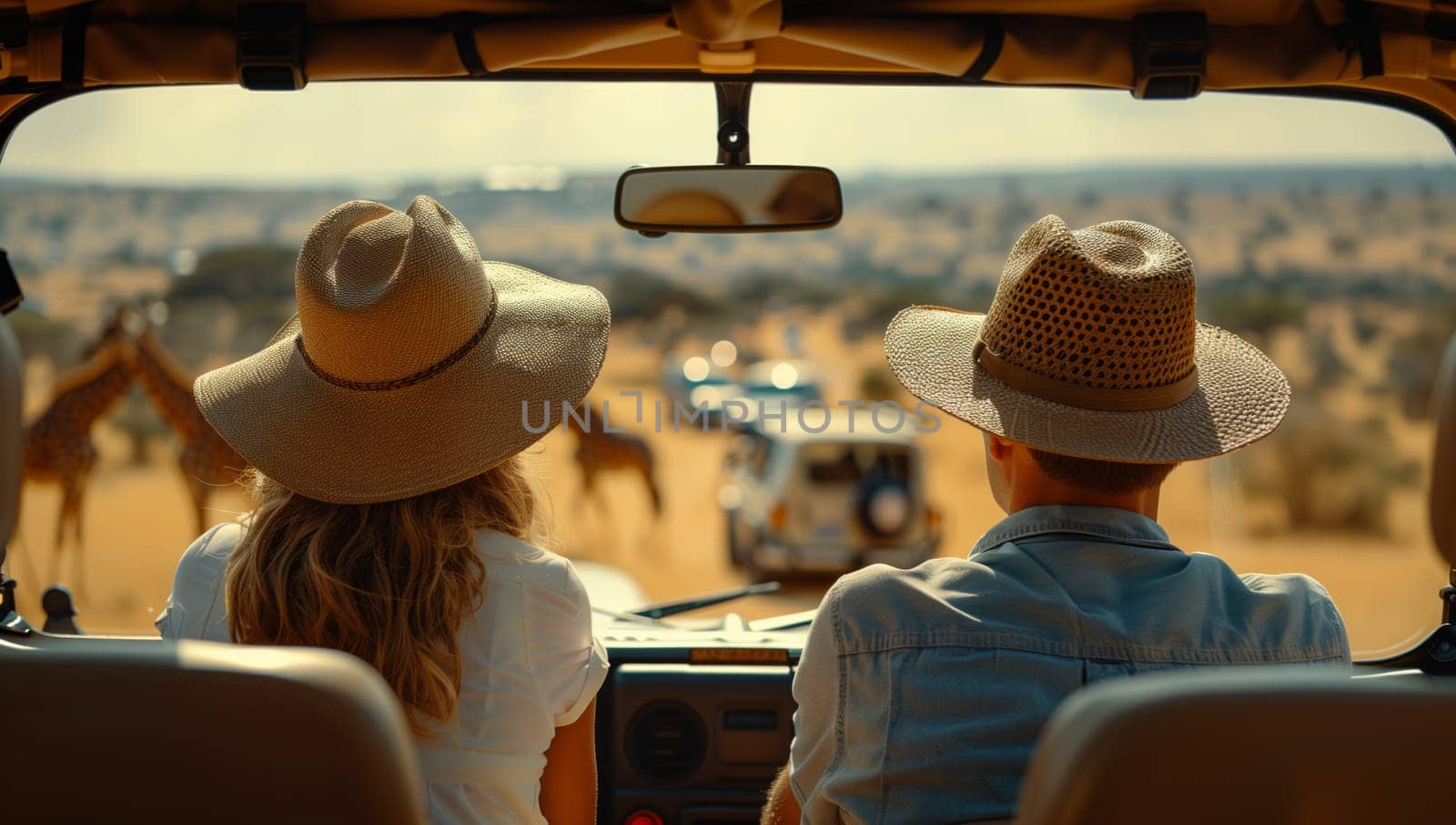 A man and a woman are lounging in the back of a vehicle wearing sun hats, observing a crowd of giraffes in a leisurely landscape. Enjoying a fun and relaxing travel experience