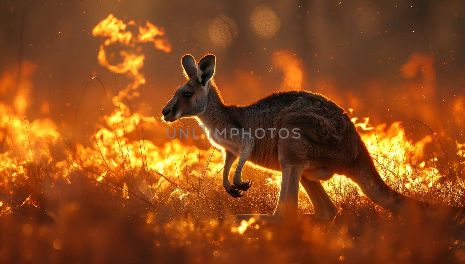 A fawn kangaroo, a terrestrial animal with a long tail and snout, is racing through a grassland consumed by fire. The event is a tragic display of darkness in the marsupials natural landscape