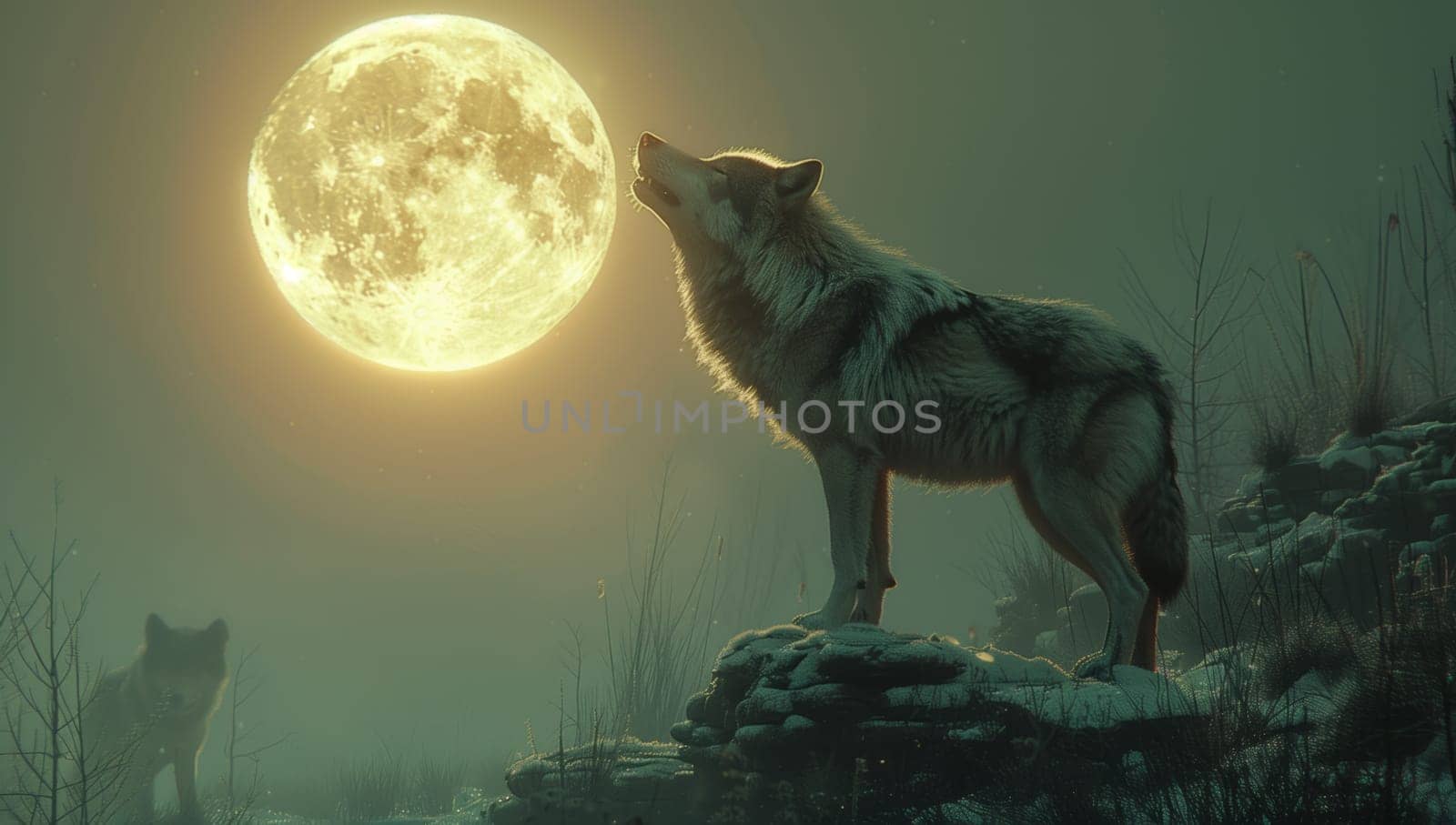 A terrestrial animal, the wolf, is howling under the moonlight in the midnight sky. The celestial event of a full moon is depicted like a painting