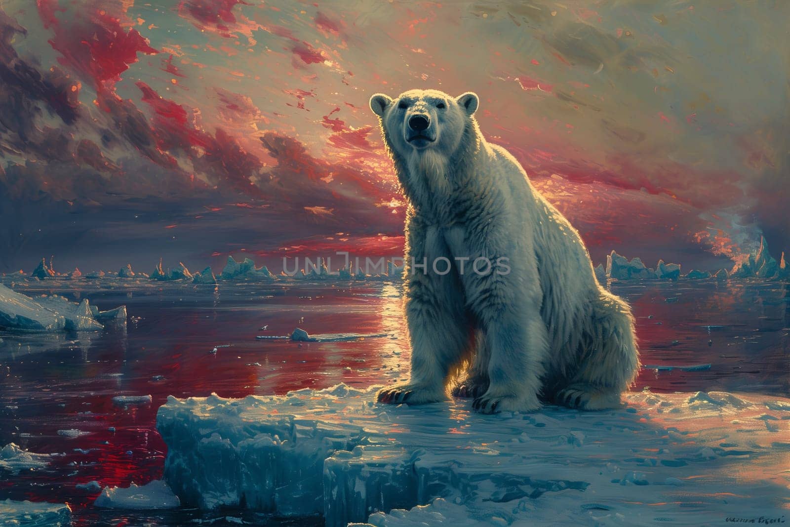 A carnivorous polar bear is perched on a chunk of ice in a vast natural landscape, surrounded by liquid water and cloudy skies, creating a stunning painting of a terrestrial animal in its habitat