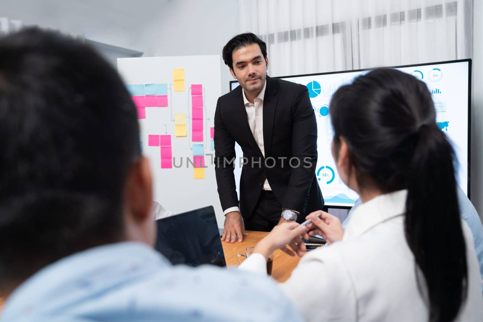 Businessman deliver business presentation with financial report data analysis or market trend show on big TV screen for strategic planing in meeting room for company future direction. Habiliment