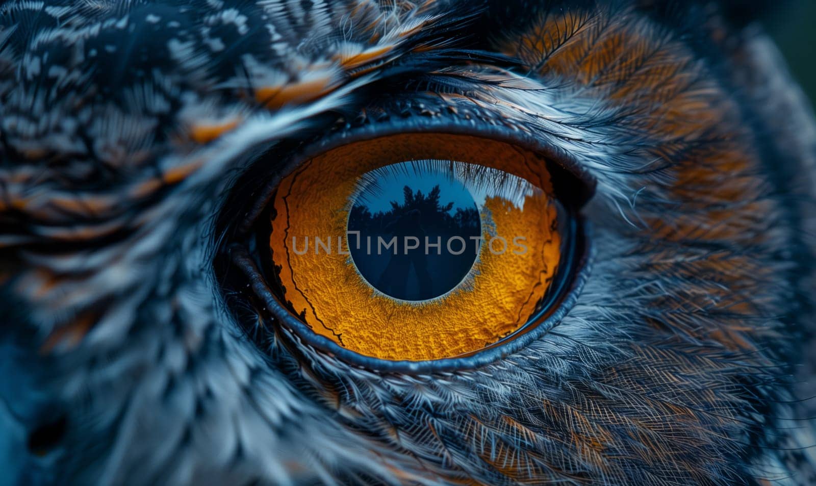 Closeup of an owls eye reflecting the forest, showcasing natures art by richwolf