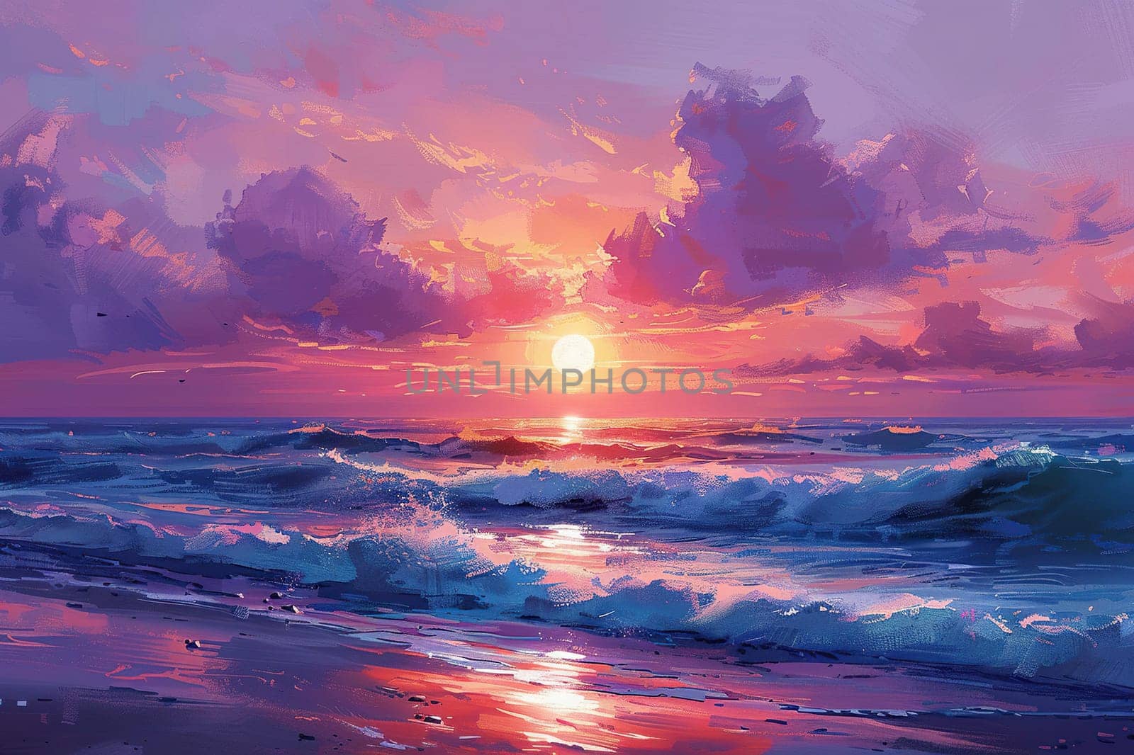 Watercolor drawing of sunset over the sea. Beautiful natural summer landscape. Generated by artificial intelligence by Vovmar