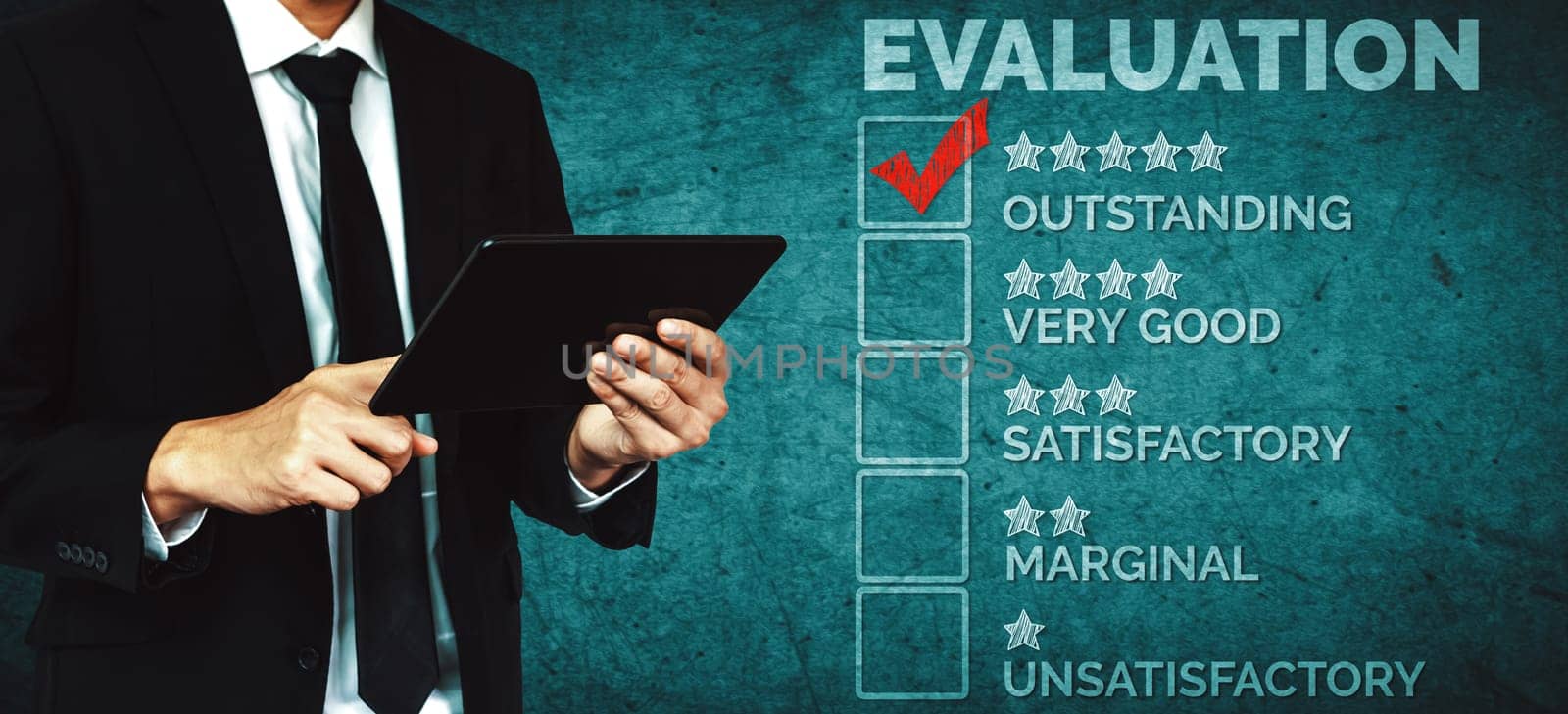 Customer review satisfaction feedback survey concept. User give rating to service experience on online application. Customer can evaluate quality of service lead to reputation ranking of business. uds