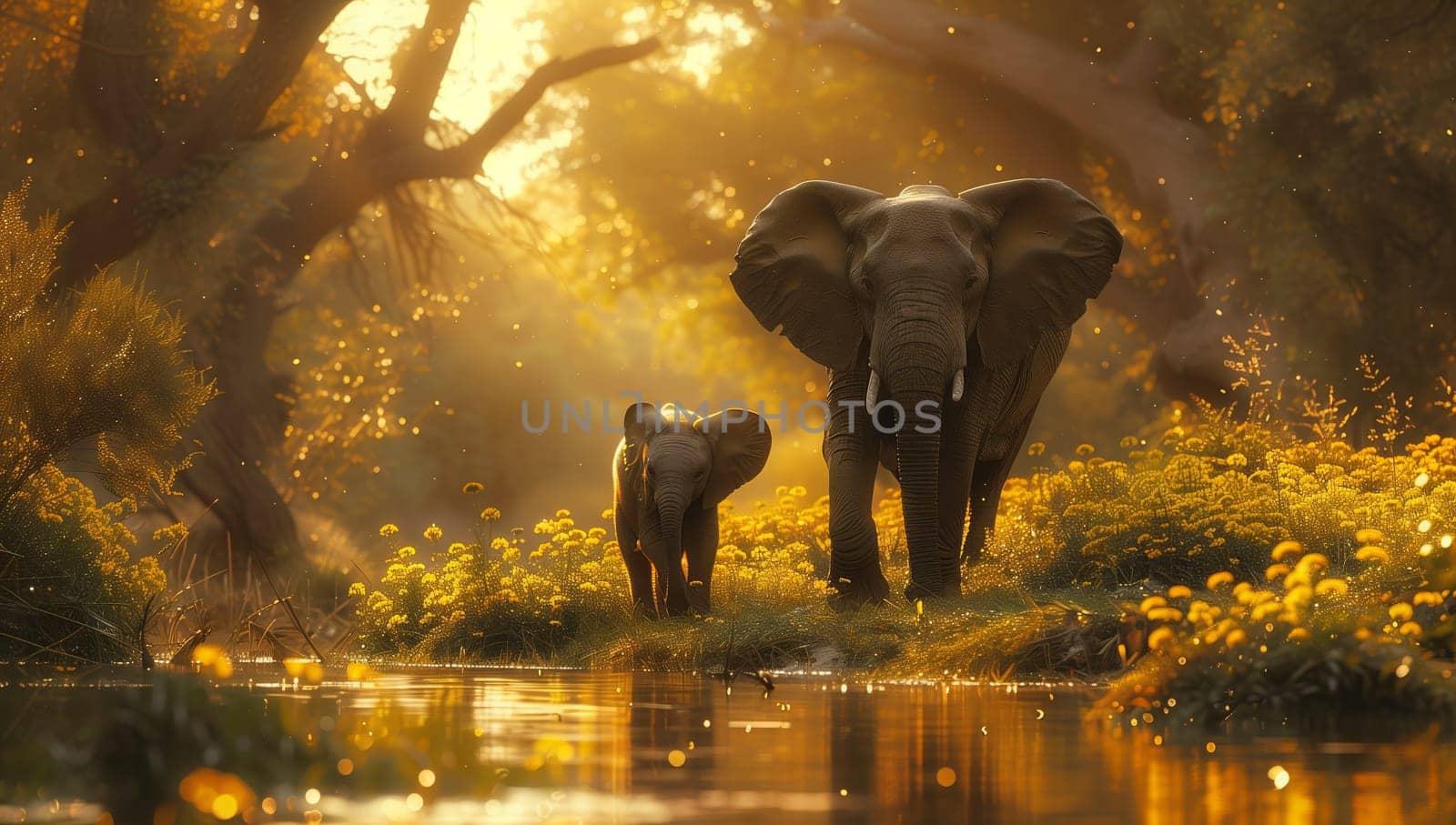 Two elephants by river in jungle habitat, grazing on grass by richwolf