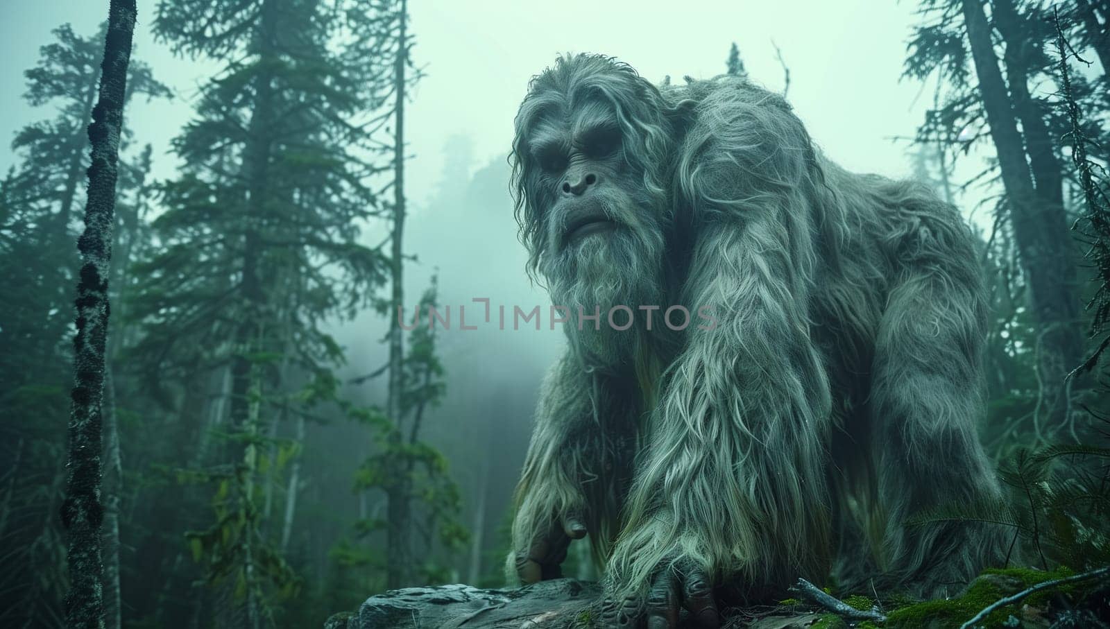 A massive bigfoot sculpture is perched on a rock in a dense forest, surrounded by terrestrial plants, trees, and wildlife. The sky above is dark, adding to the natural landscape art