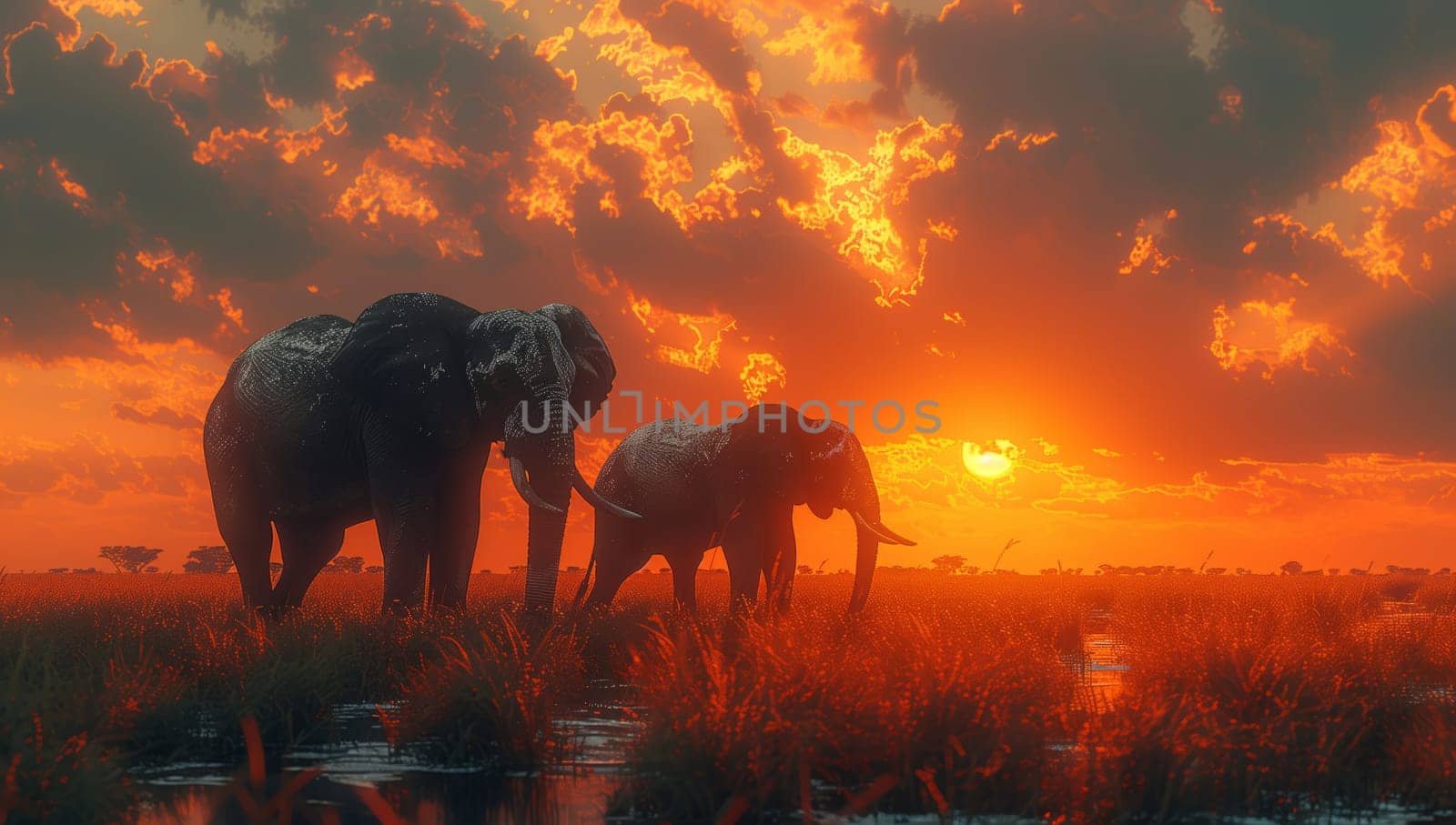 Elephants gather in a grassy plain under the sunset sky by richwolf