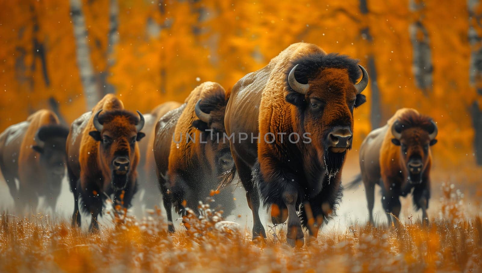 A bull leads a herd of bison through a grassy landscape, their horns and snouts visible as they move towards water in the distance