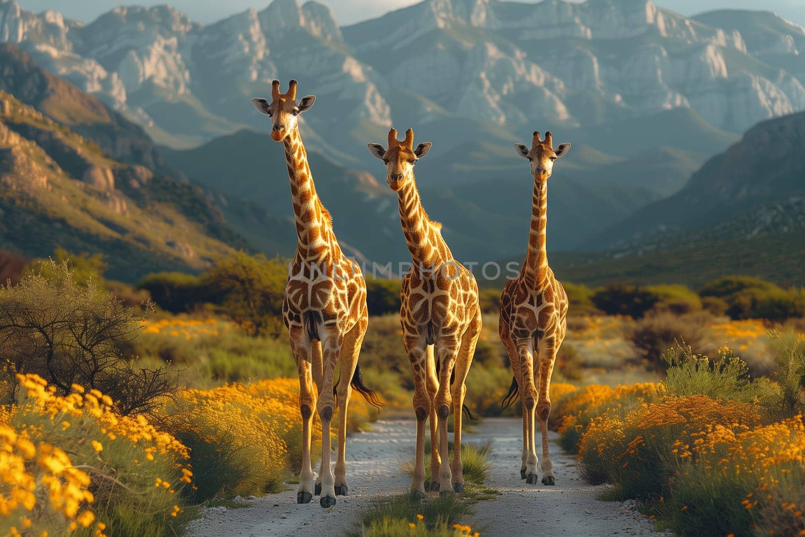 Three Giraffidae walking on grassland with mountains in the background by richwolf