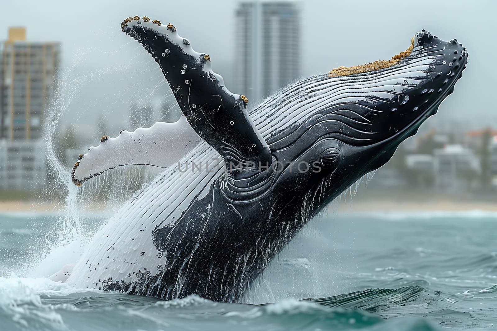 A humpback whale breaches the water, soaring like a bird in the sky. This display of marine biology is a stunning sight in the fluid world of the ocean
