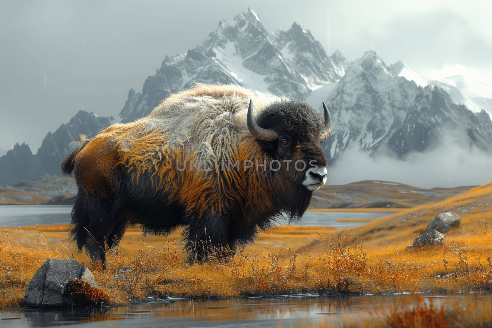 Bison in field next to lake with mountain backdrop in natural landscape by richwolf