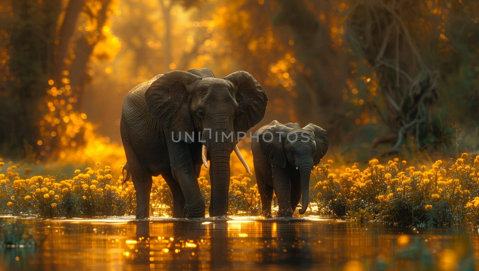 Two elephants, majestic terrestrial animals, are depicted standing in a serene body of water in a beautiful natural landscape painting