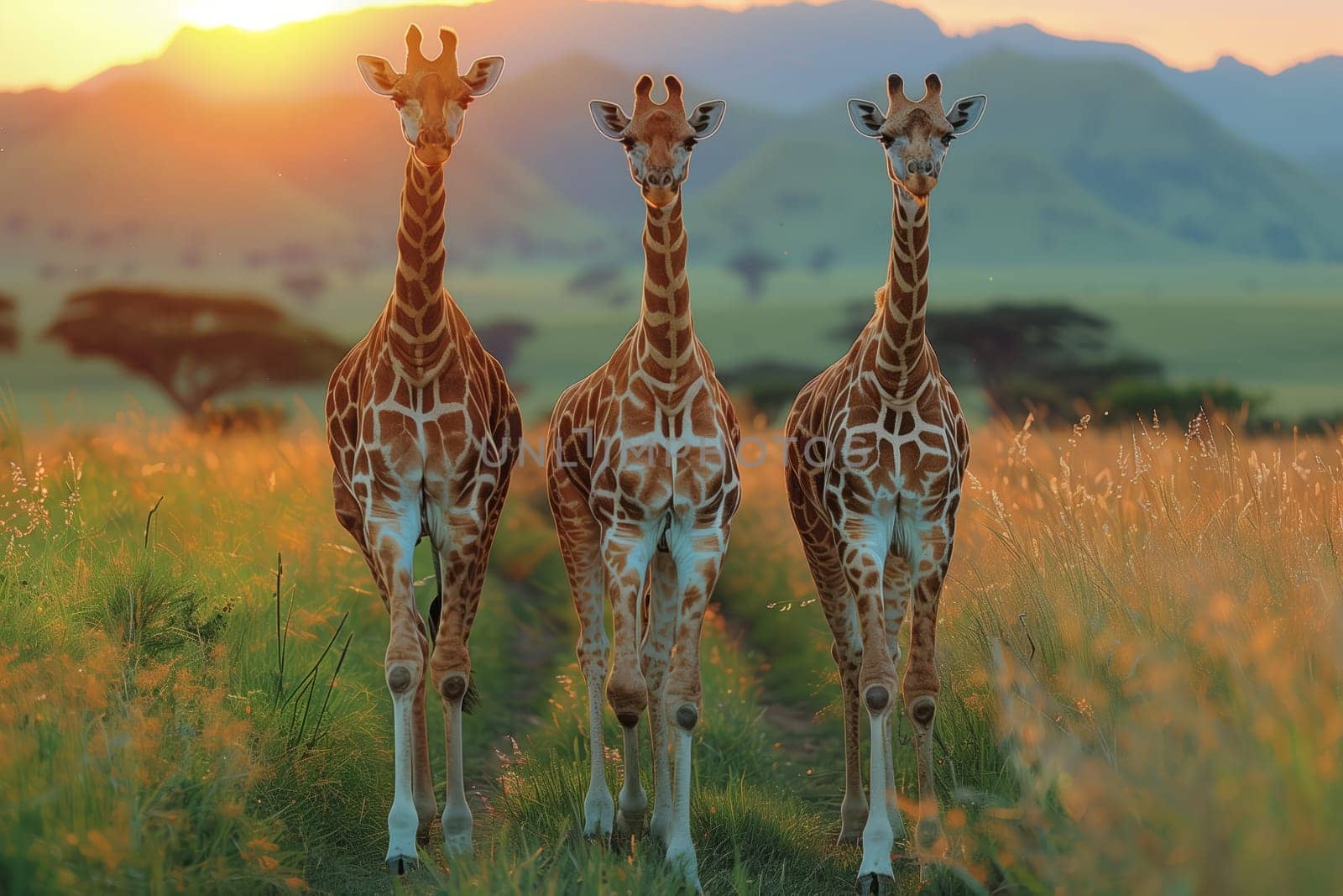 Three Giraffes roam the grassy field at sunset, under a colorful sky by richwolf