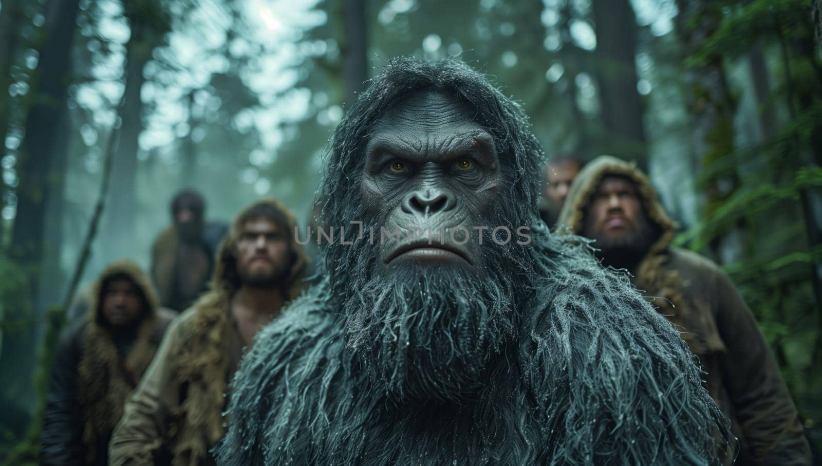 A group of men are standing next to a large primate with a beard in the jungle by richwolf