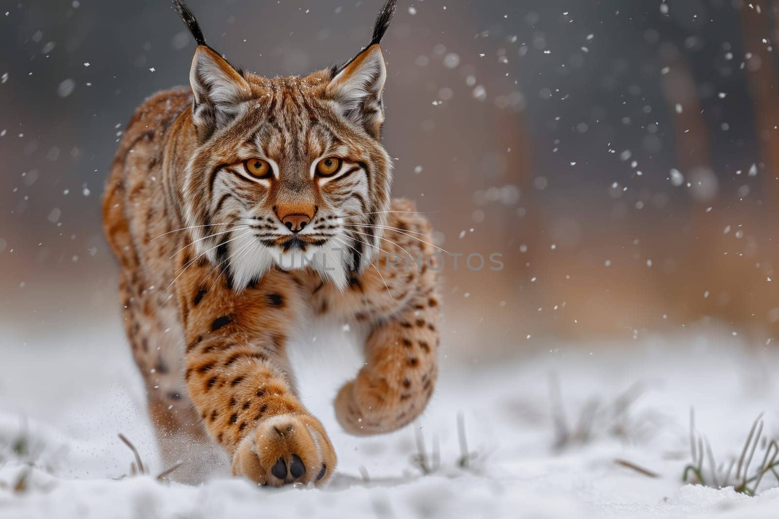 The Lynx, a member of the Felidae family and a carnivorous terrestrial animal, is running through the snow with its whiskers twitching like a small to mediumsized cat, hunting for prey like a fawn