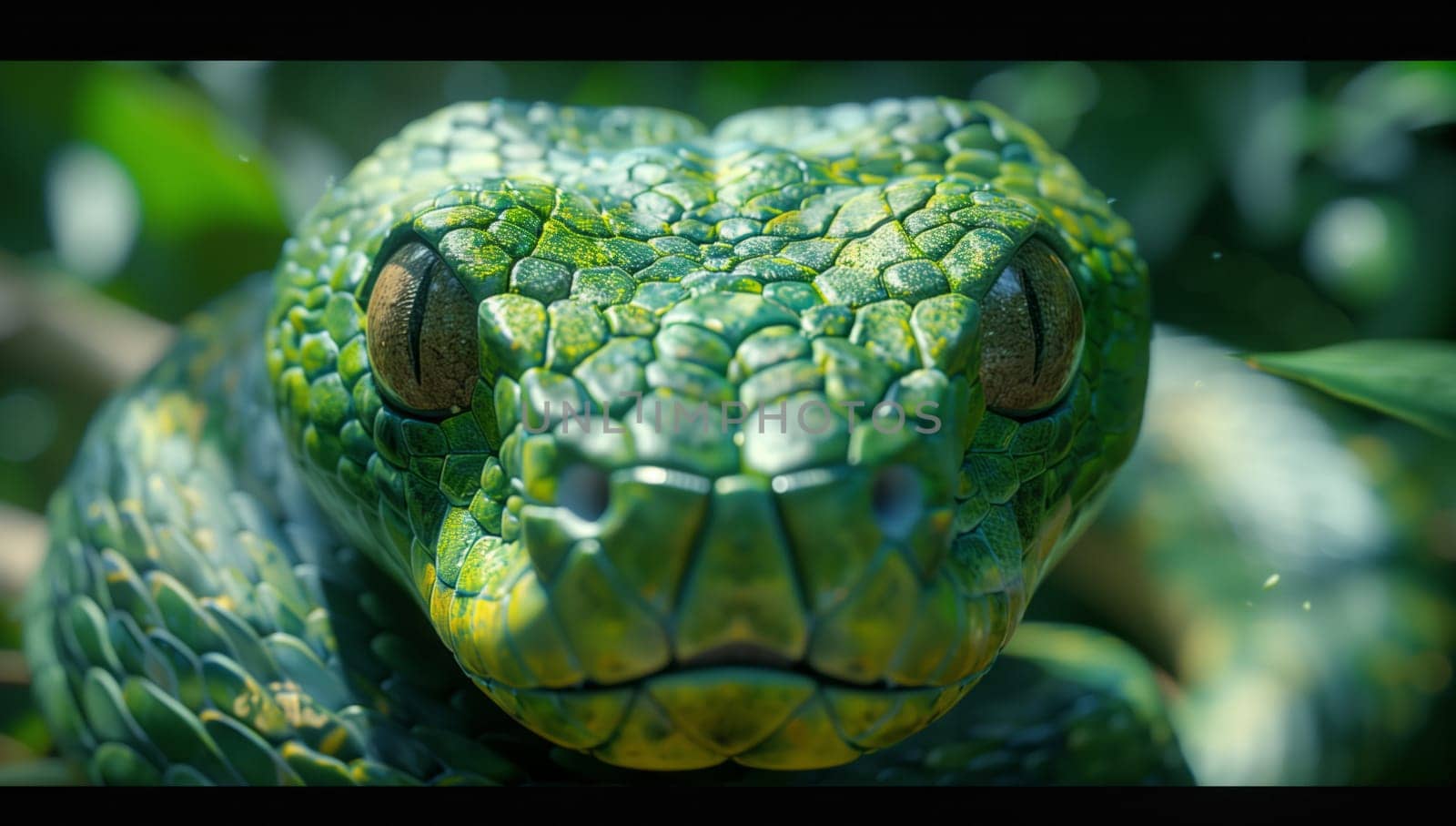 A closeup of a green snake staring at the camera, showcasing the symmetry and scaled reptile features. This macro photography captures the wildlife in its natural habitat