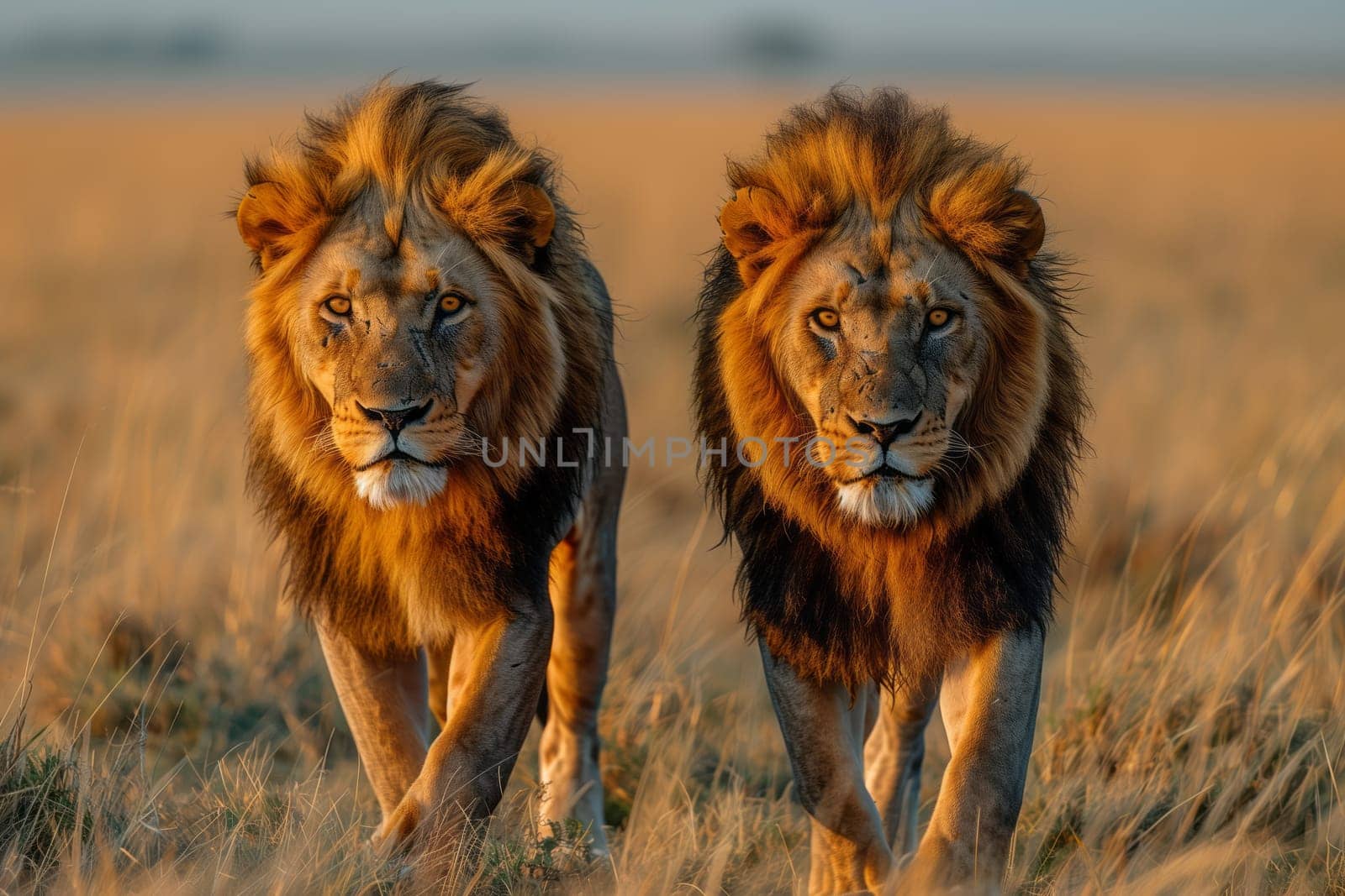 Two Masai lions, majestic carnivorous big cats from the Felidae family, roam side by side in a grassy plain, a natural landscape filled with lush green grass