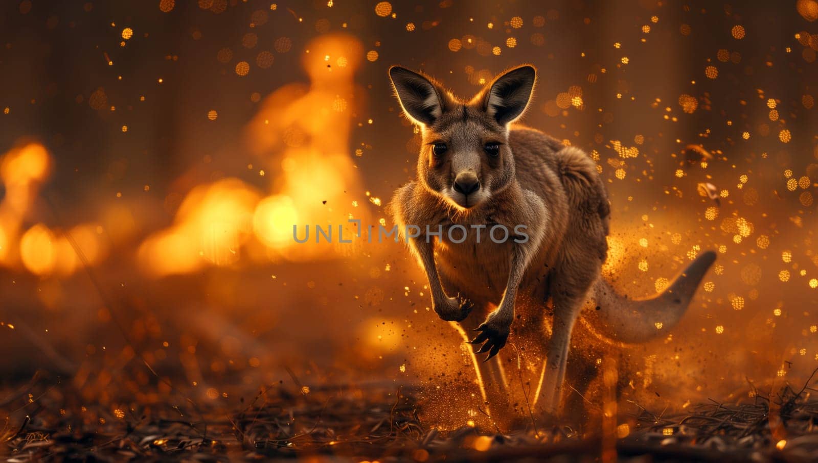 A fawnlike terrestrial animal with a long tail, a kangaroo, is sprinting across the grassy landscape in front of a blazing fire during a nighttime event