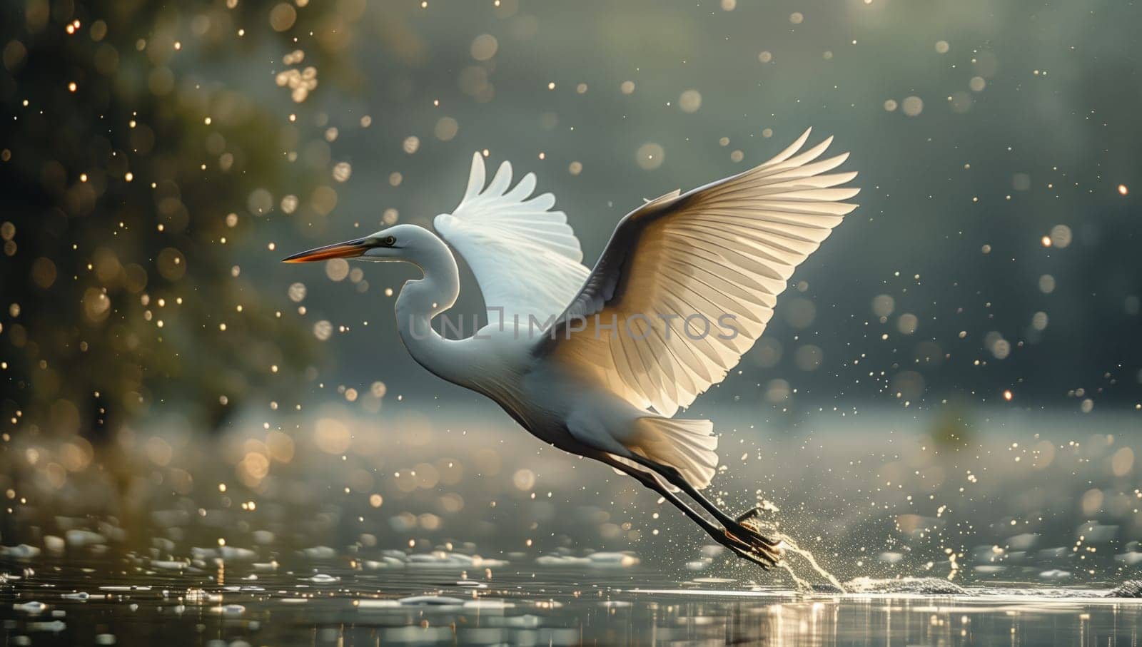 A white bird with a long beak is soaring above a freshwater marsh by richwolf