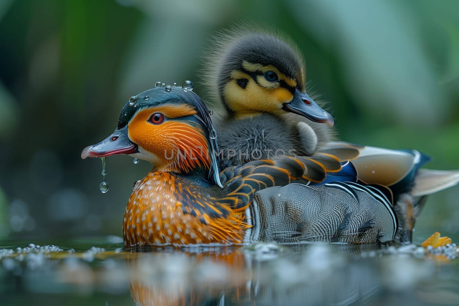 Duck and duckling glide in liquid with other waterfowl by richwolf