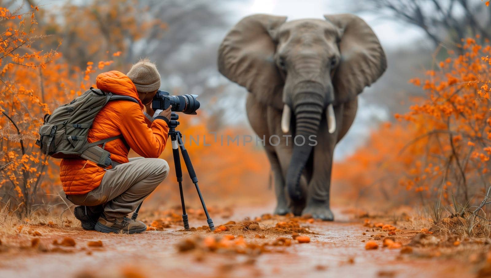A man is capturing a photo of an elephant in its natural environment, surrounded by trees and water in the ecoregion, showcasing the beauty of working animals in this biome