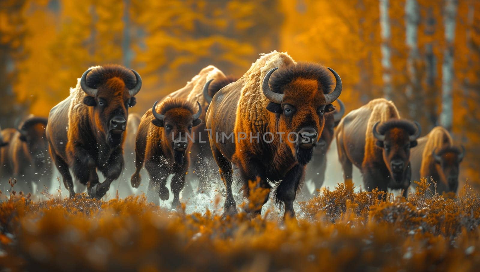 A herd of bison, with bulls showing off their snouts and horns, are seen running through the natural landscape, inspiring an artists painting