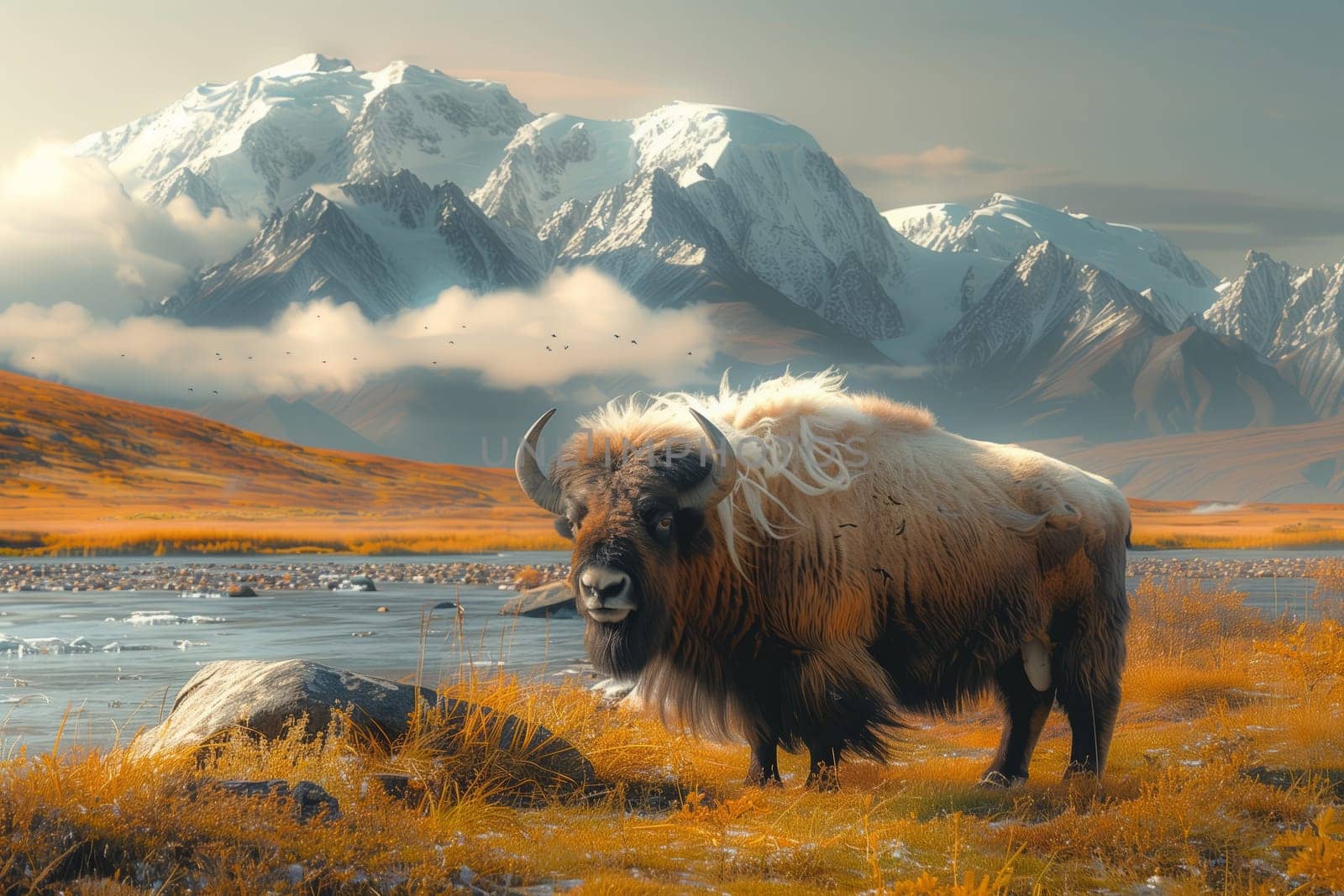 A bison is standing in an ecoregion field with mountains in the background, under a cloudy sky. The natural landscape includes water features, creating a picturesque highland view