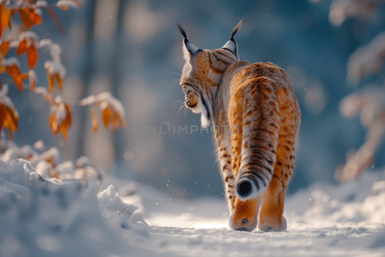 Felidae lynx, a carnivorous organism with whiskers, is a small to mediumsized cat walking through the snow in the woods. It is a terrestrial animal with fawncolored fur