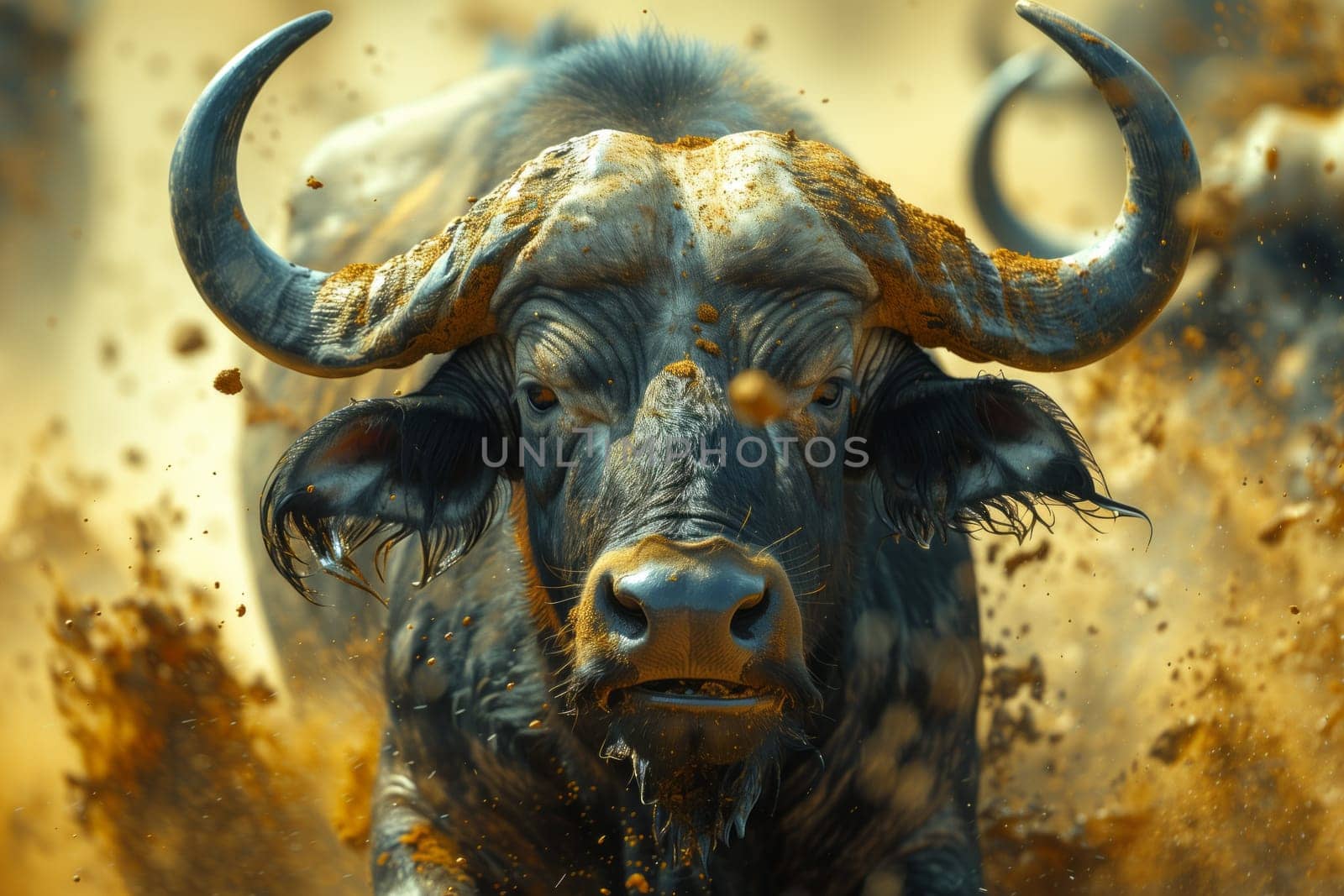 Closeup of a working water buffalo with horns and snout running through mud by richwolf