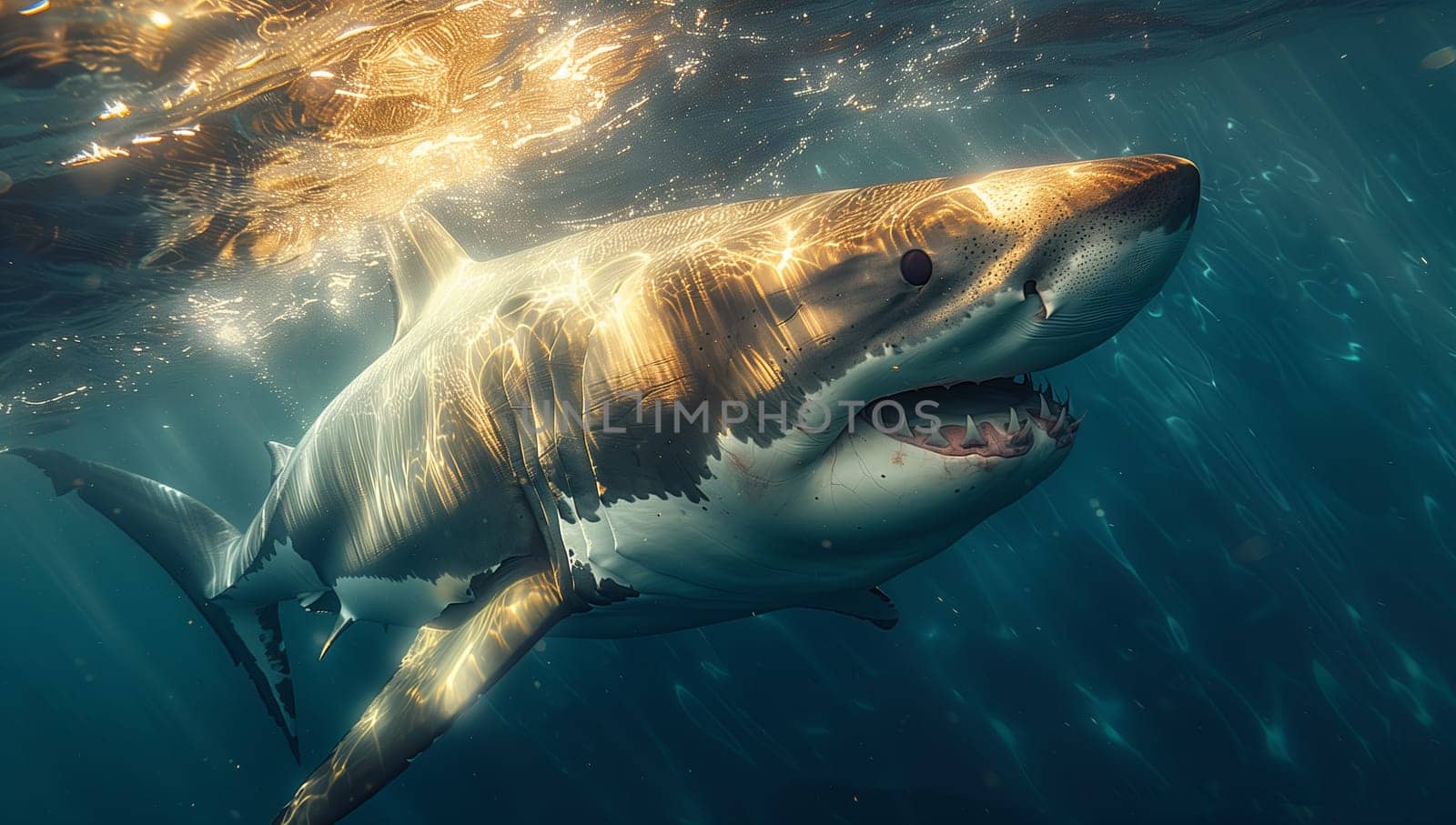 A Lamnidae shark with powerful jaws and fins is gracefully swimming underwater in the liquid environment of the ocean