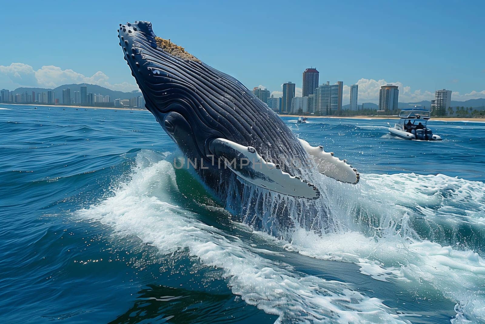 A humpback whale breaches in front of a boat, soaring above the water by richwolf