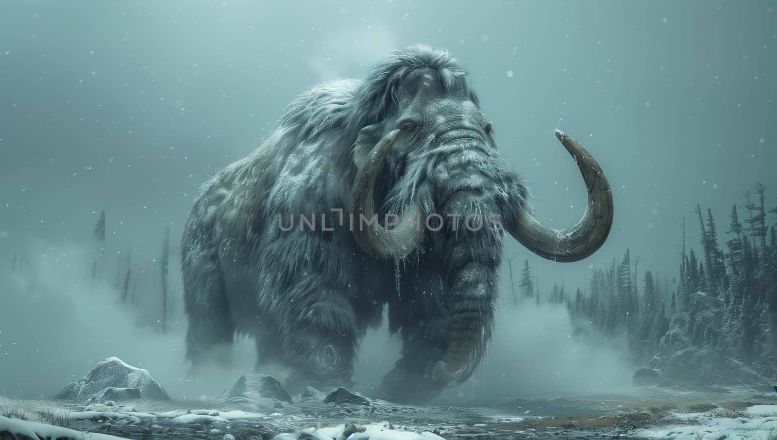 A mammoth plods through snowy woods, its snout brushing against the chilly air by richwolf