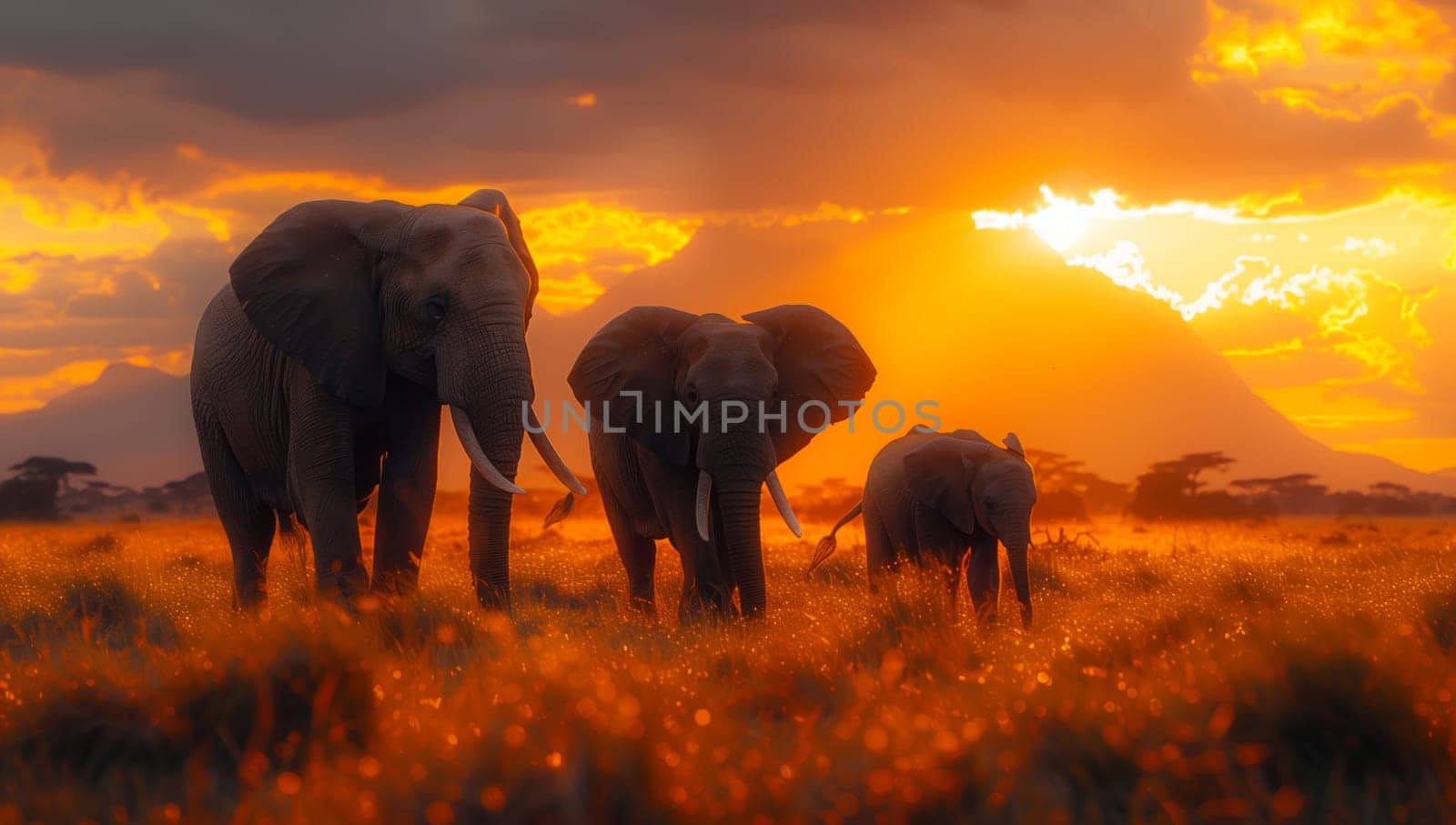 A group of elephants grazing in a field under the colorful sky of the sunset, showcasing the beauty of these majestic creatures in their natural environment