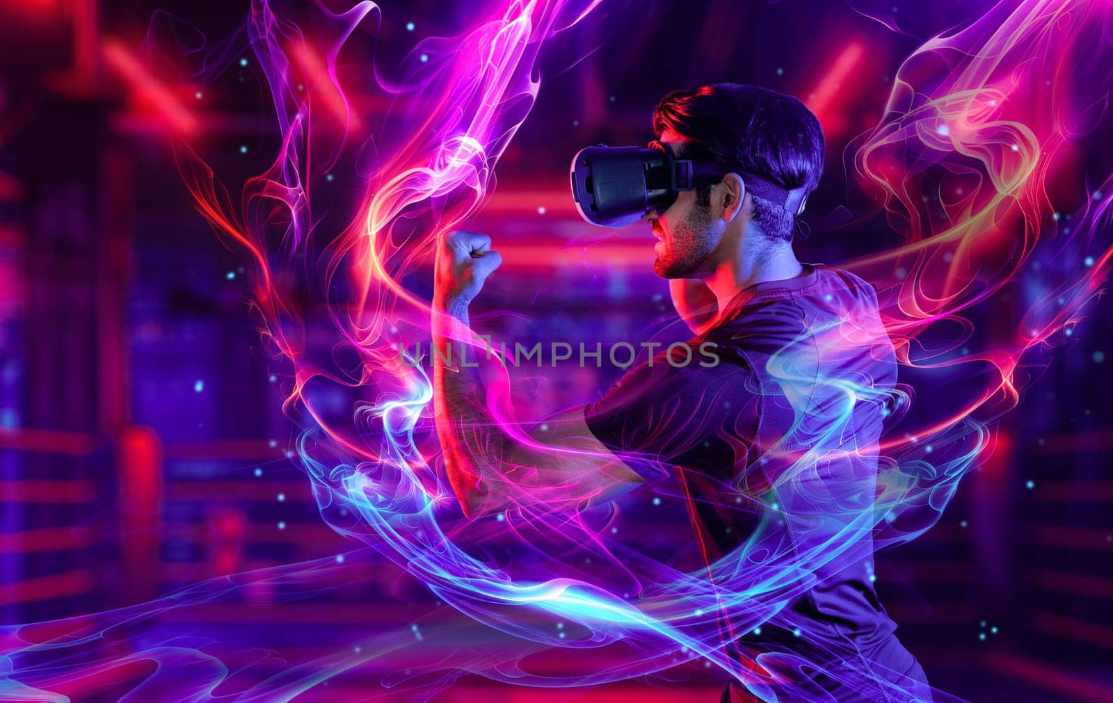 Man wearing VR glass and smashing or punching at camera in neon boxing arena. Sport gamer boxing and moving gesture in metaverse or virtual world while using digital technology innovation. Deviation.