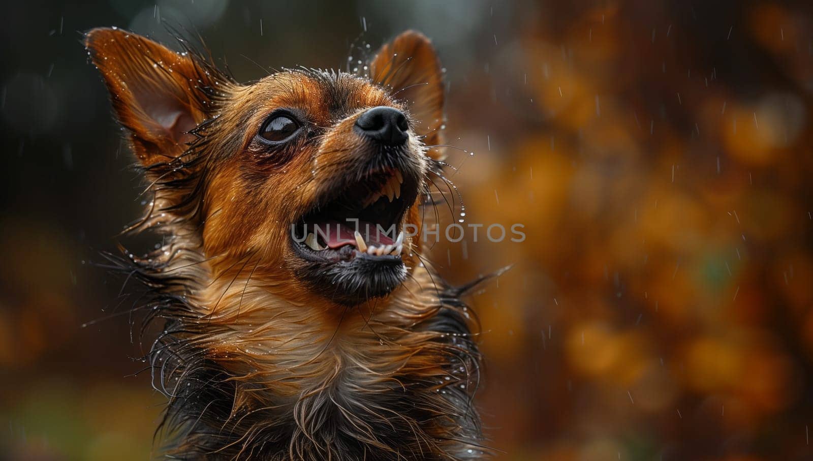 a close up of a brown and black dog with its mouth open . High quality