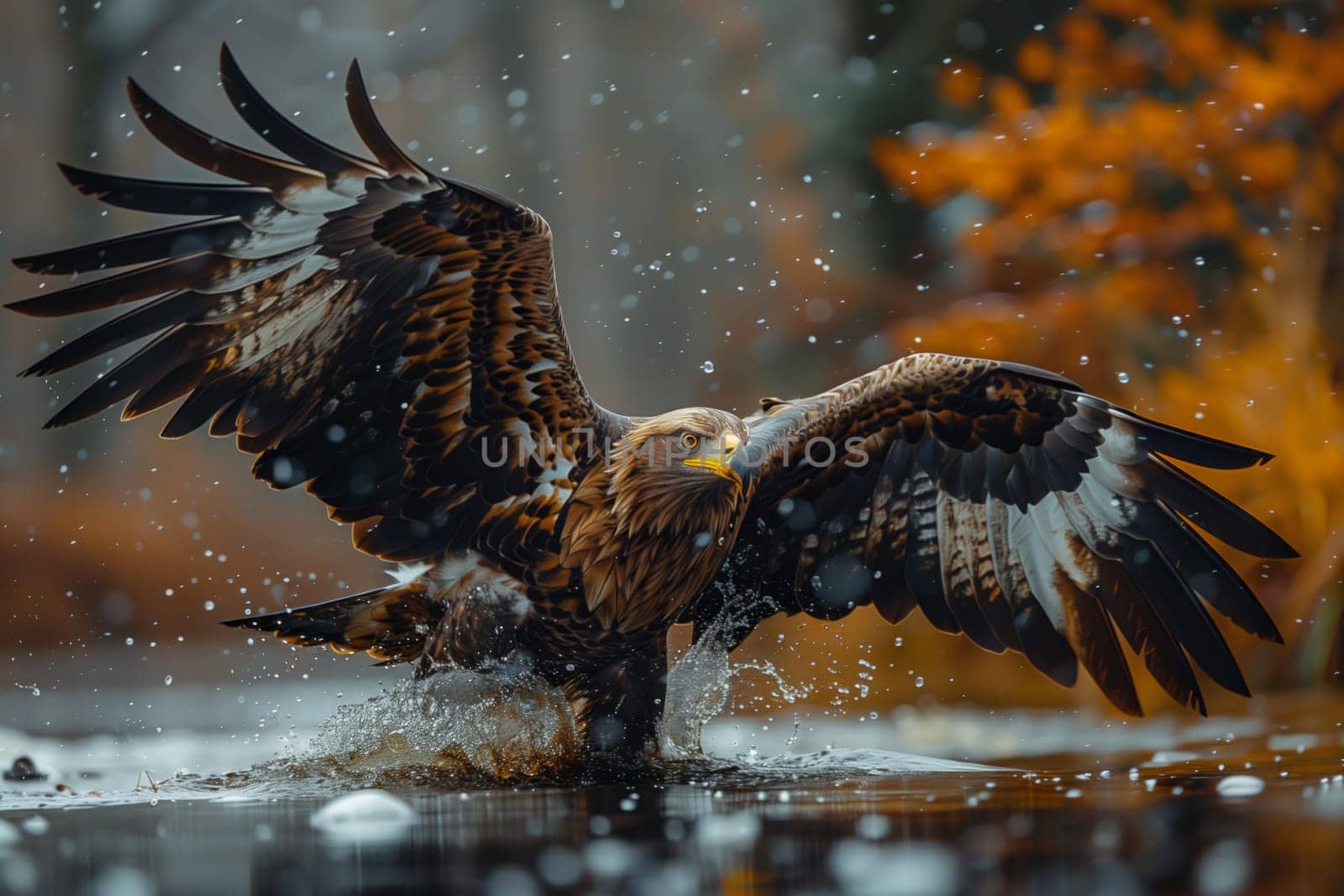 A majestic bald eagle, a bird of prey belonging to the Accipitridae family in the Falconiformes order, stands in the water with its wings spread