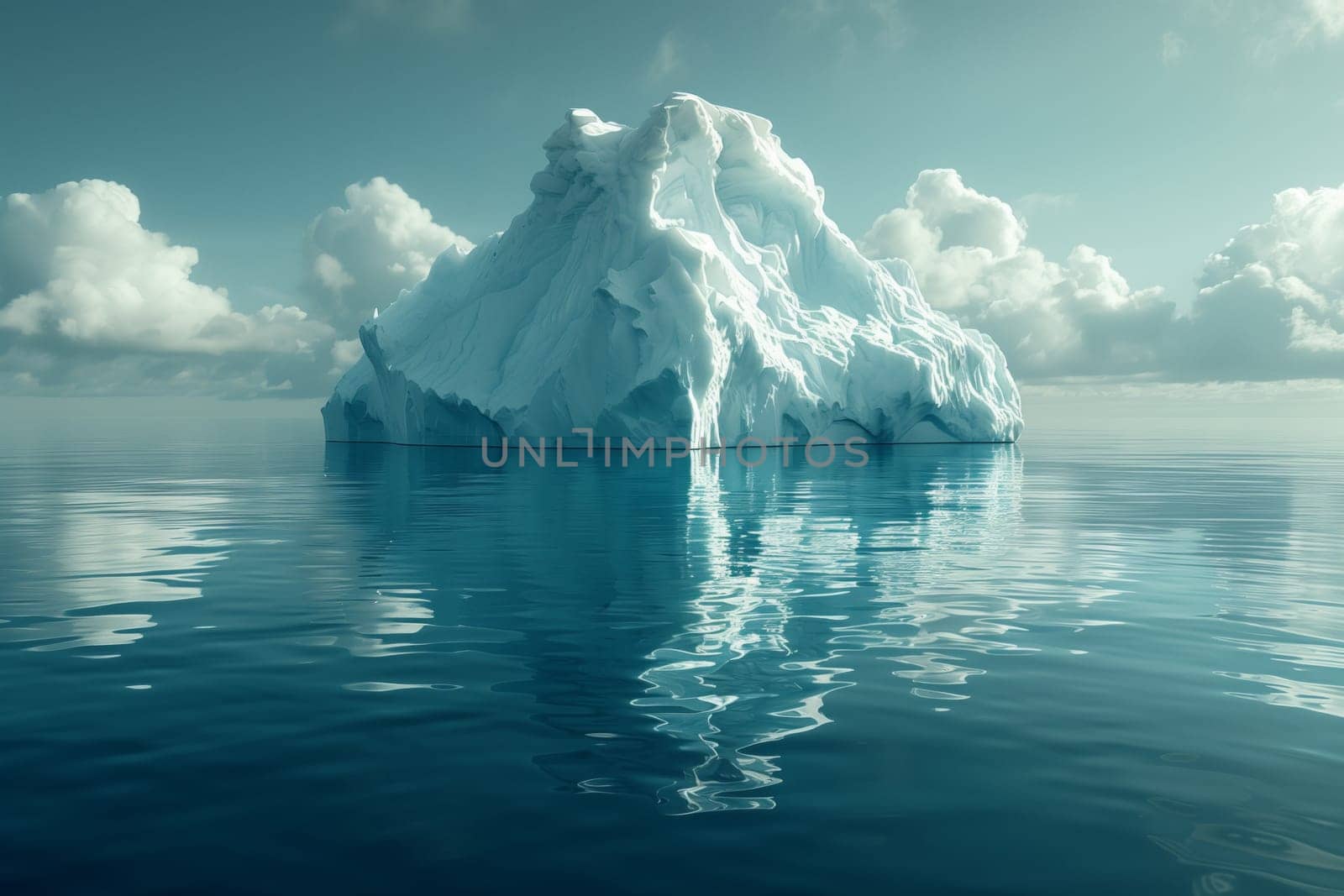 A massive iceberg drifts in the vast ocean, surrounded by water and under a cloudy sky. The frozen landscape contrasts with the fluid horizon