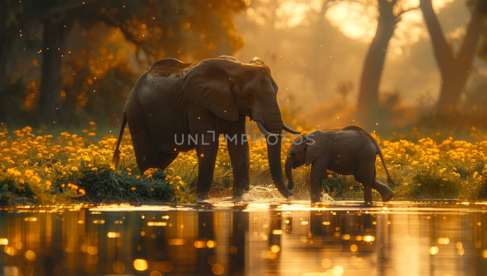 A mother elephant and her baby are quenching their thirst by drinking water from a river, surrounded by lush green grass and a beautiful natural landscape