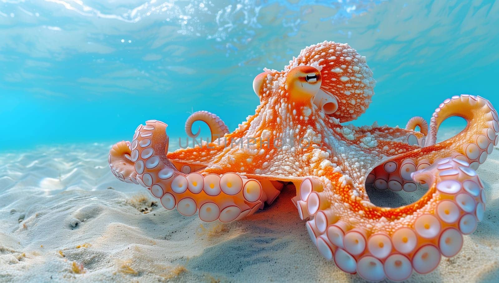 An organism from marine invertebrates, the octopus, is gracefully sitting on the sand underwater in the azure fluid of the ocean