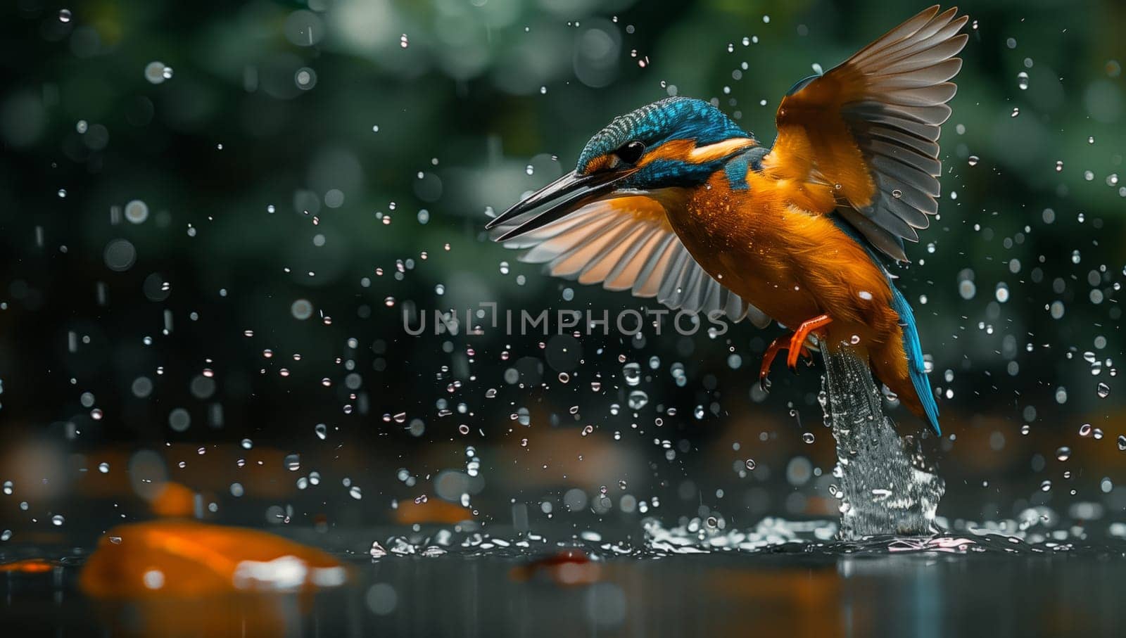 An electric blue bird with outstretched wings and a long tail is elegantly soaring over the shimmering liquid surface of a body of water