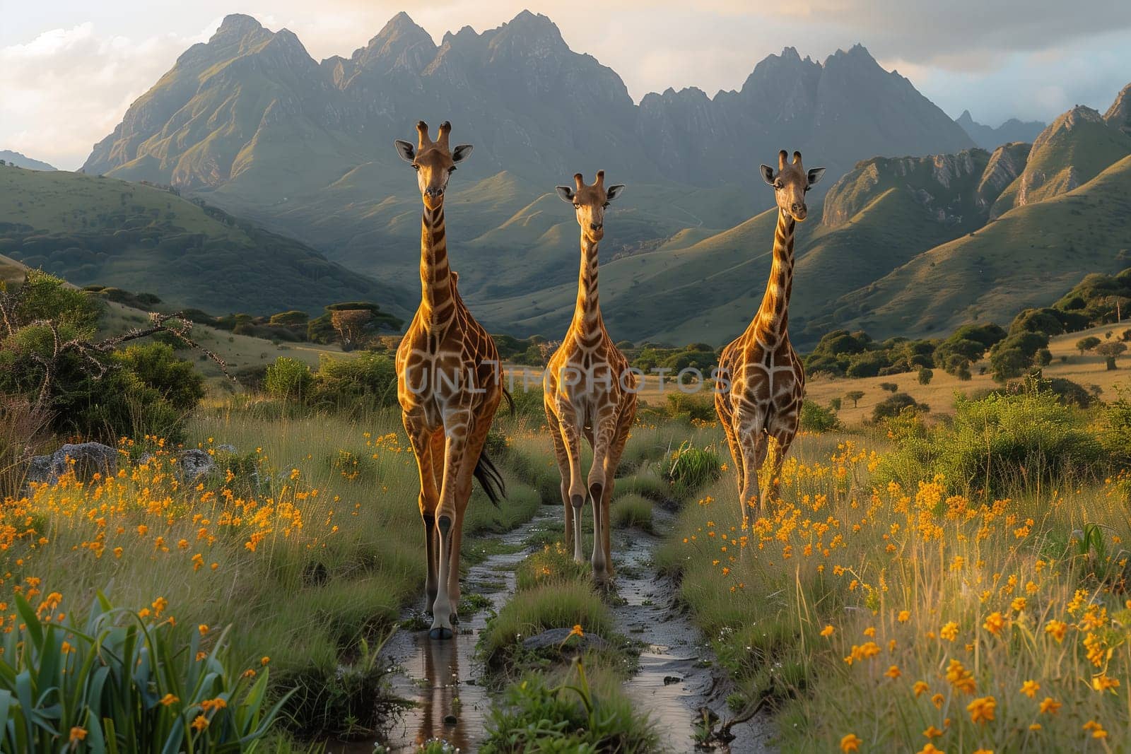 Three Giraffidae standing together in a field with mountains in the background. The sky is filled with fluffy clouds, enhancing the natural landscape