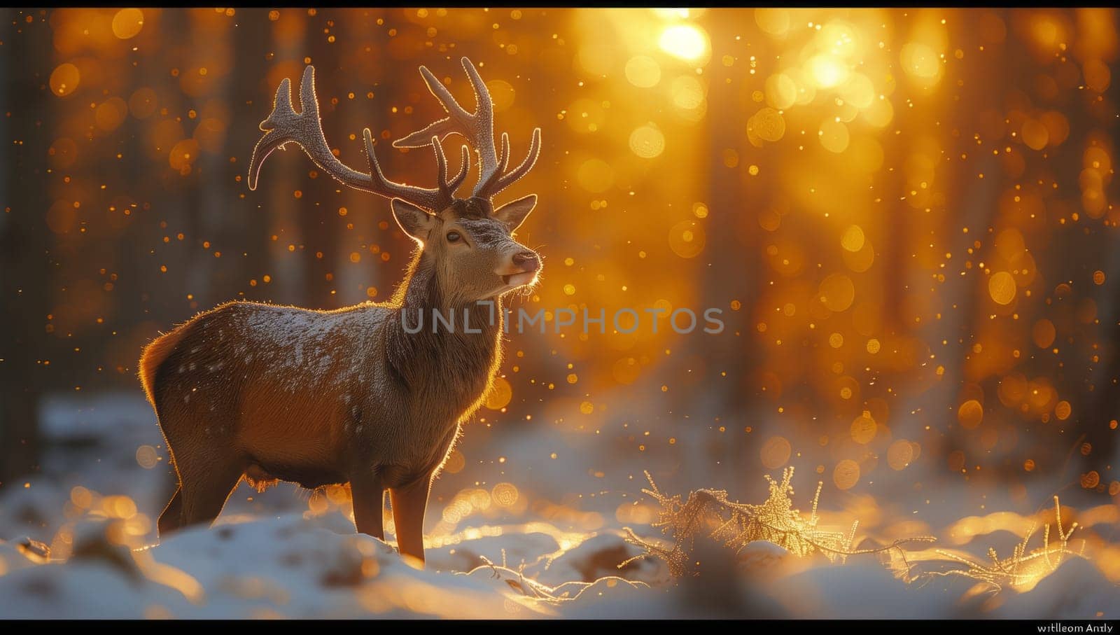 A fawn is gracefully standing in the snowy woods during sunset, creating a stunning natural landscape that could be a scene in a painting showcasing terrestrial wildlife